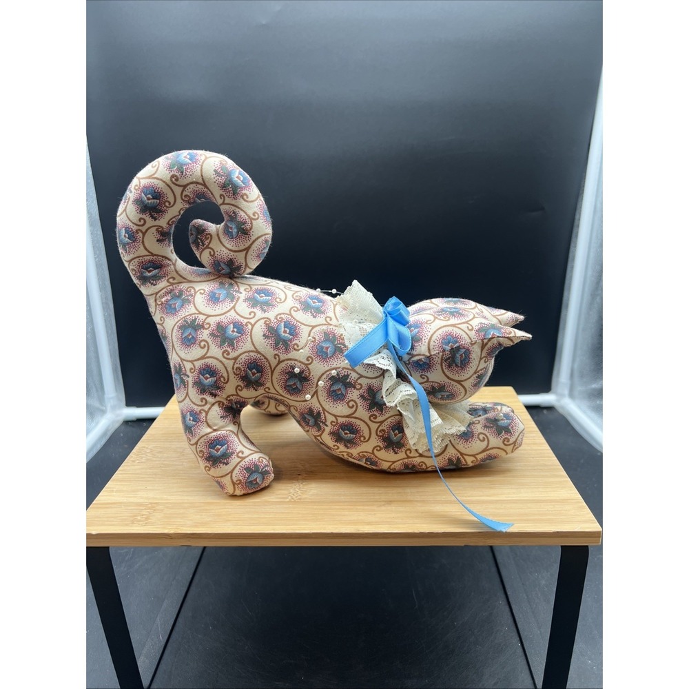 Cat Soft Sculpture Stuffed Kitten Fabric Blue Floral Vintage Door Stop Decor 24"